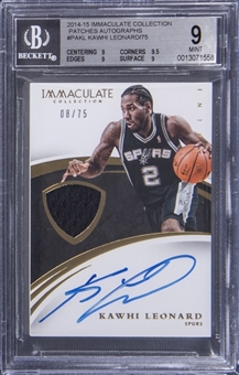2014-15 Panini Immaculate Collection Patches Auto #PA-KL Kawhi Leonard Signed Jersey Card (#08/75) - BGS MINT 9/BGS 9